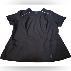 JAANUU 2X Scrub top black V-Neck Badge clip Pockets Medical Nurse Flared